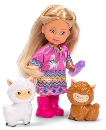 Simba Evi Love Alpacas – Puppe mit Alpakas, süßes Outfit, 2 Tierfiguren mit Zubehör, Puppen-Set mit Trinkflasche, Spielzeug für Kinder, 12 cm, ab 3 Jahren