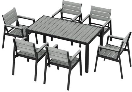 JUMMICO Alu Gartenmöbel Set, 150cm Tischt, 6 stühle, Holzoptik Balkonmöbel | Graue Holzoptik, Alu Gartengarnitur leicht, Wetterfest Rostfrei, langlebig, Hochwertiges Gartenset tisch und stühle
