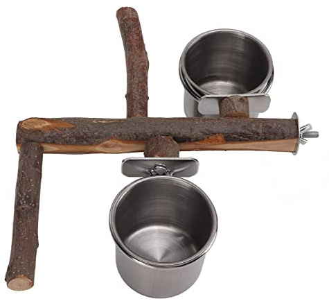 Asixxsix Perchoir à Oiseaux en Bois, Poteau en Bois de Pommier Naturel, Bols à Eau en Acier Inoxydable, Conception Détachable avec Gobelets d'alimentation Suspendus pour Perruche Calopsitte,