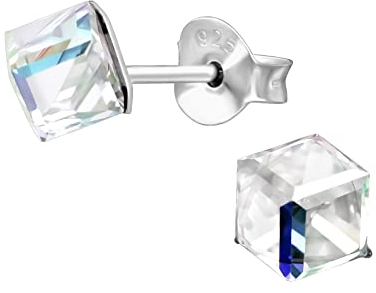 Bungsa Damen Ohrstecker Würfel 3D mit echtem europäischen Kristall (LA CRYSTALE) aus .925 Sterling Silber