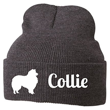 siviwonder Beanie strickmütze mit Hunderasse Stickerei - Collie Lassie langhaar Rough kurzhaar - Stickerei Hund Winter Mütze warm für gassi Spaziergang Grey Melange-weiß