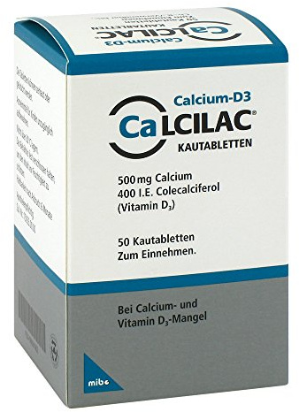 Calcilac, 500mg, Kautabletten, für Calcium- und Vitamin-D-Mangel, 50 Stück | Calcium- und Vitamin-D-Mangel, Calcium + Vitamin D3, 500mg, Kautabletten, Packungsgröße: 50 Stück