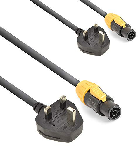 PD Connex Professional Audio Speaker Power Cable Set, IP65 Outdoor Power TR Connector to UK Plug BS-1363, Lockable Waterproof Cord, 1.5m Length, Pair
