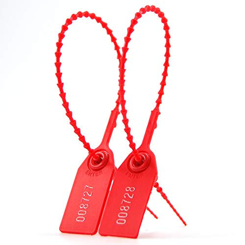 100 Plastic Tamper Seals, Numbered Zip Ties for Fire Extinguisher Pull Tite Security Tags Disposable Self Locking Signage 250mm (Red)