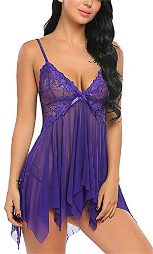 SEDEX Babydoll Lingerie Sexy Intimo Donna Biancheria Intima Confortevole Stile-Anteriore Aperto Grande Size Pizzo Lace Lingerie Trasparente Aperto G-Stringa(Viola,L)