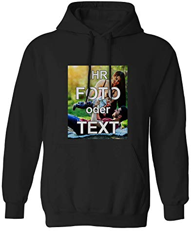PixiPrints Hoodies mit eigenem Foto Text Logo Name selbst gestalten * vollfarbig Bedruckt * viele Farben und Größen, Farbe:Schwarz, Größe:M