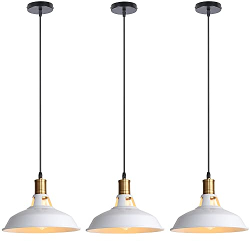 iDEGU 3 Stücke Pendelleuchten, Retro Hängelampe Industrielle Lampenschirm im Eisen Ø 27cm Vintage Hängelleuchte für Küche Esszimmer Wohnzimmer Schlafzimmer Flur Restaurant (Weiß)