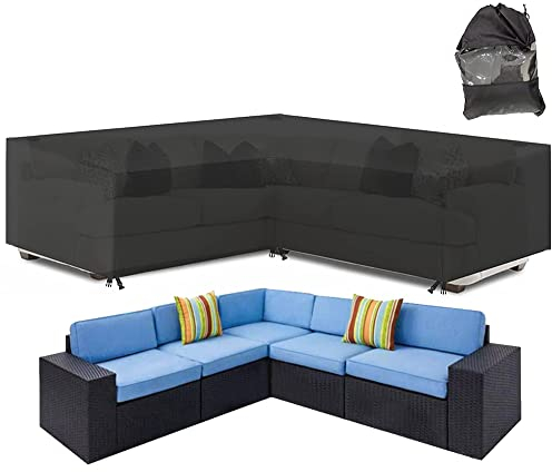 Skyour Abdeckung für Terrassenmöbel, Sofabezug, wetterfest, strapazierfähig, 420D Oxford-Gewebe, L-förmig, für den Außenbereich, Garten, Rattan, Ecksofa und Möbel, Schwarz (V-Form: 297,2 x 297,2 cm)