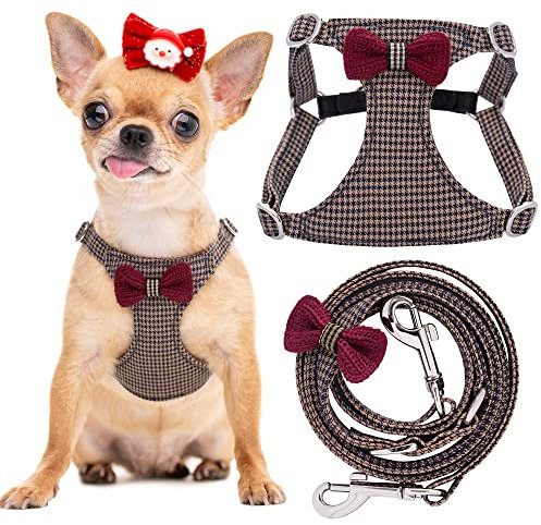 Hundegeschirr mit Multifunktions-Hundeleine, weich, verstellbar, kein Würgen, ausbruchsicher, Haustiergeschirr, gestrickt, braun, XXS