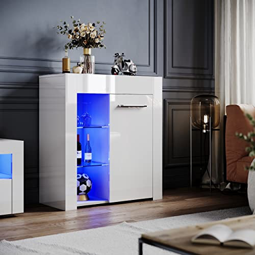 ELEGANT White High Gloss Sideboards with 16colors LED Light Single Door Modern Display Cabinet TV Unit Furniture for Living Room, H83xW75xD35cm, Power Adapter Included