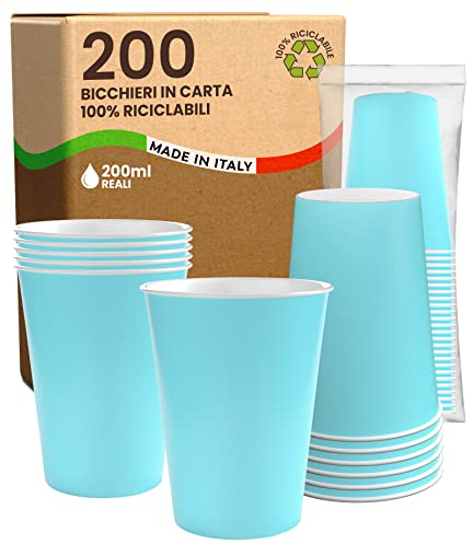 200 Bicchieri in Carta 200ml Ecologici Biodegradabili Monouso Made in Italy Asporto Bevande Calde Acqua Colorati Celeste - Prodotto e confezionato in Italia