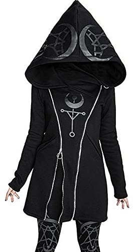 Haiorziyou Kunstleder Weste Frauen Vintage-Gothic-Druck Reißverschluss Kapuzenpulli Langarmrolle schlank Tunika Winterjacke Mit Damen