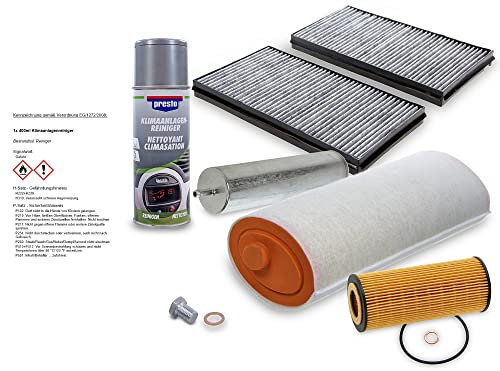ATEC Germany Inspektionspaket Filterset mit 1x Luftfilter, 2x Innenraumfilter, 1x Ölfilter, 1x Kraftstofffilter, 1x Ölablassschraube, 1x Reiniger Klimaanlage, Kompatibel mit BMW 5er (E60) (E61)