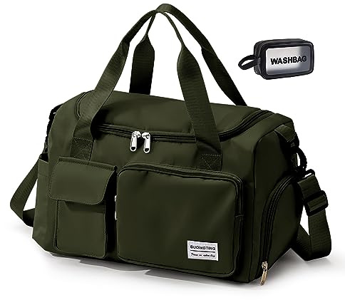 Small Gym Bag for Women - Travel Duffle Carry On Weekender with Shoe Compartment - Army Green