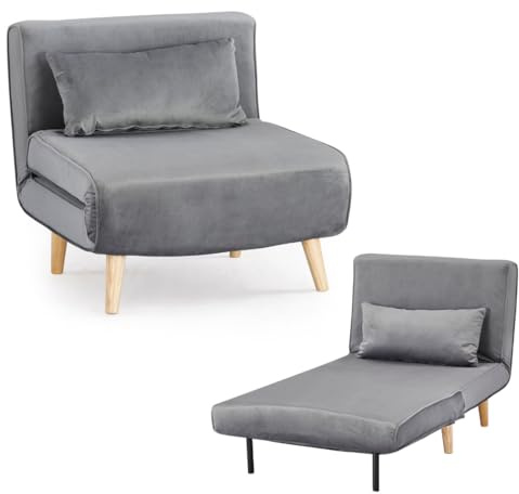 Home Detail Kendal Single Sofa Bed Chair, Grey Velvet | Velvet Fabric, Pull Out