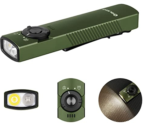 OLIGHT Arkfeld UV 1000 Lumens Rechargeable EDC Torch with UV LED and White Light,Anti-Slip Grip,Super-Thin Build Flat with Two-Way Pocket Clip for Outdoors, Emergency, Work(OD Green,NW: 4000~5000K)