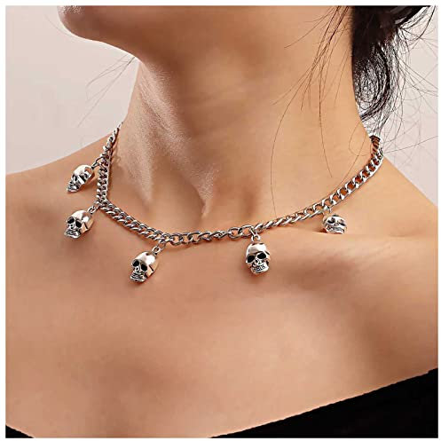 Wendalern Punk Skull Choker Halskette Silber Skelett Anhänger Halskette Anweisung Schädel Kopf Halskette Kette Halloween Weihnachten Schmuck Geschenke Für Frauen Mädchen