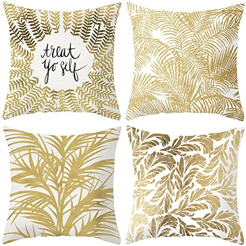Kissenbezüge 50x50, Kopfkissenbezug Luxus Treat Yo Self Zierkissen Bezug Weiß Gold Blatt Cushion Covers Polyester für Auto Zuhause Dekor