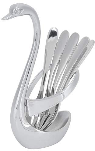 Stainless Steel Sliver Creative Dinnerware Set Decorative Swan Base Holder with 5 Forks for Coffee, Fruit,Dessert,Stirring, Mixing, Sugar, Stir, Ice Cream, Cake, Teaspoon