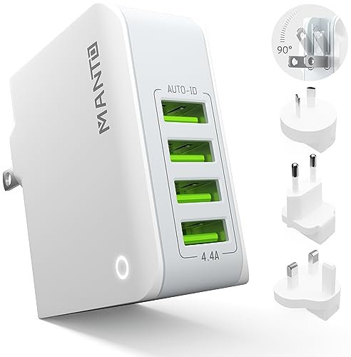 MANTO Adaptador de Viaje Internacional – Enchufe Universal para US, UK, EU, AU, 4 Puertos USB-A, Carga Rápida 4.4A/22W