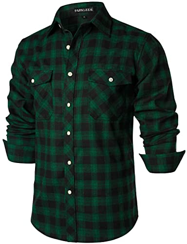 PARKLEES Herren Freizeithemden Regular Fit Button Down Check Kariert Flanellhemden mit Taschen PZLCL41 Dunkelgrün M