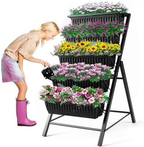 Homdox Vertikales Gartenbeet, 5 Etagen, vertikaler erhöhter Garten-Pflanzgefäß, 58.9x66x114.4 cm, Outdoor-Garten-Hochbeet mit 4 Haken, Gemüseblumen-Pflanzgefäß, Hof, schwarz