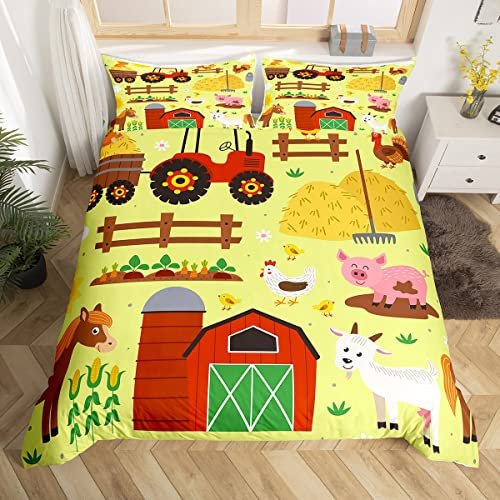 Bauernhof Tier Bettwäsche Sets 135x200 für Kinder Bauernhof Lkw Traktor Tröster Abdeckung, Nette Pferd Schwein Bett Set Land Ziege Hahn Vogel Bettbezug, Cartoon Wildlife Quilt Cover (Reißverschluss)