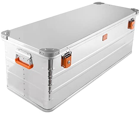 Alubox Alukiste abschließbar E159 - Premium Aluminium Lagerbox 159 Liter - Deckel mit Aluminium Druckguss Stapelecken und Gummidichtung - inklusive Schlösser