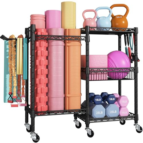 FUTASSI Home Gym Aufbewahrung, Yogamatten-Aufbewahrung und Organizer, tragbares und bewegliches Trainingsgerät-Aufbewahrungsregal für Yogamatten, Hanteln, Kugelhanteln, Schaumstoffrollen,