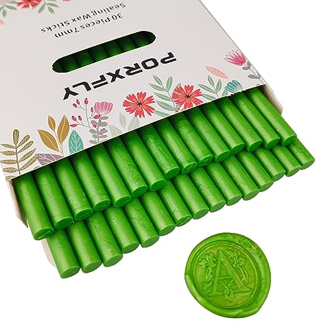 30 Stück 7mm Siegel Wachs Sticks für Klebepistole, PORXFLY Mini-Siegelwachsstäbe, ideal für Karten, Umschläge, Hochzeitseinladungen, Geschenkverpackungen, Weinpakete (Grün)
