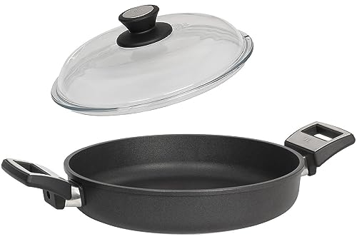 SKK Paella-Pfanne Ø 28 cm - ohne Induktion - runde beschichtete Aluguss Kasserolle 2-tlg. mit seitlichen Griffen & Vollglas Deckel - Made in Germany