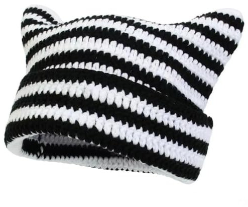 Arcimatto Cat Ear Beanie Crochet Hats for Women Girl Knitted Beanies Winter Warm Loose Fit Handmade Accessory Stylish Beanies, Schwarz und Weiß, Einheitsgröße