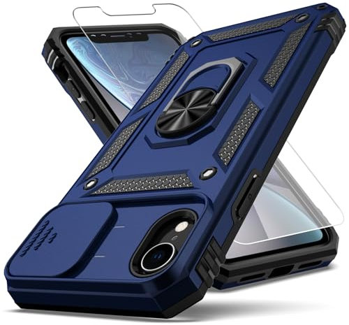 YZOK Handyhülle für iPhone XR, mit Kameralinsenabdeckung, HD-Displayschutzfolie, [Militärqualität] Ring Autohalterung Kickstand Hybrid Hard PC Soft TPU Stoßfeste Schutzhülle Blau