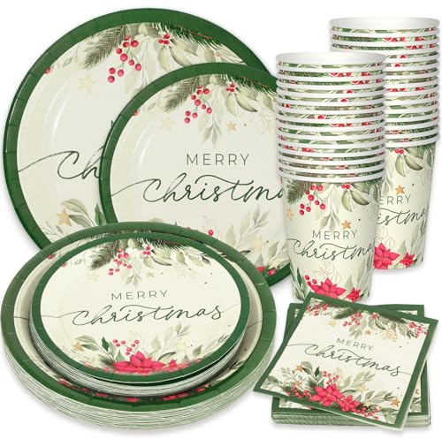 Whaline 24 Sets Weihnachts-Stechpalmen-Pappteller, Becher, Servietten, Party-Dekorationen, Weihnachtsstern, Mistelzweig, Einwegteller, Frohe Weihnachten, Geschirr-Set für Weihnachten, Winter, Urlaub,