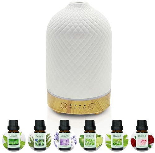 Ceramic Essential Oil Diffuser Electric Aroma Diffuser with 6 Pcs*10ml Essential Oil Gift Set, 7 Colors LED Light/4 Timers Modes/Waterless Auto-Off 100ml for Home/Office/Spa
