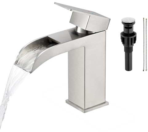 ubeegol Robinet cascade de salle de bain, robinet de lavabo cascade avec bec ouvert, robinetterie de lavabo en acier inoxydable avec bonde, mitigeur monotrou pour salle de bain, brossé