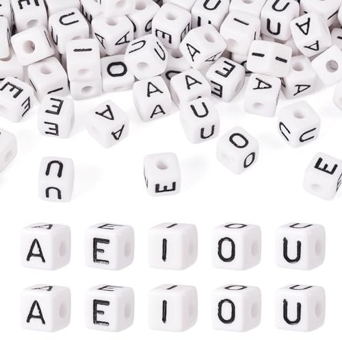 FASHEWELRY Quadratische Acryl-Buchstabenperlen, 10 mm, weiß, Würfel, Vokalperlen, Buchstabe A, E, I, O, U, Perlen für Freundschaftsarmbänder, Halsketten, Schmuckherstellung, 100 Stück