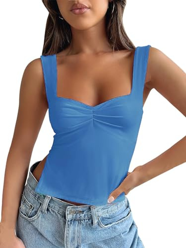 YILEEGOO Women Sexy Sleeveless One Shoulder Crop Tank Tops Ruched Tight Slim Fitted Workout Y2K Vest Top Trendy Cami Going Out Tops (Z7 Blue, S)