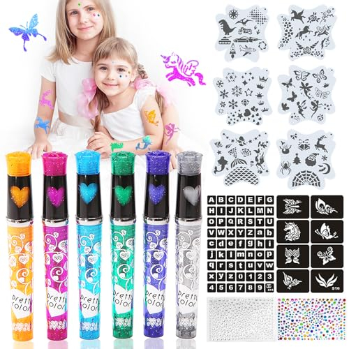 Tattoo Stifte Kinder, 6 Stück Glitzer Tattoo Stifte für die Haut Set, Mit Schablonen und Gesicht Edelstein,Geschenke für Mädchen Jungen Party Verkleiden