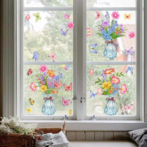 AIBIIN Blumen-Fensteraufkleber, Wildblumen, Schmetterlinge, Blumenvase, doppelseitig, statische Fensteraufkleber, Anti-Kollisionsschutz für Zuhause, Glasfenster