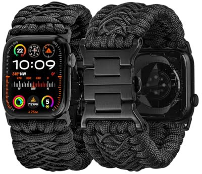 Tefeca Bracelet paracorde en titane compatible avec Apple Watch Ultra 2/Ultra 49 mm, Série 10 46 mm, Série 9/8/7 45 mm, SE2/SE/6/5/4 44 mm (49/46/45/44/42mm XL, noir)