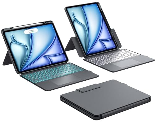 CHESONA für iPad Air 13 Zoll Hülle mit Tastatur, BackStand Rugged für iPad Pro 12.9 Tastatur mit Touchpad, 10M Schutz Abnehmbare Hülle, Hoch-/Landschafts Format,15°-180° Verstellbarer Ständer, Grau