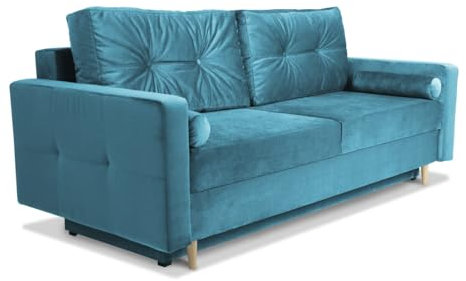 Sofa mit Schlaffunktion 215x70 cm (Liegefläche 190x150 cm) hellblau - 3 er Couch mit Bettzeugablage, Armlehnen, 2 Kissen - Velours - 3-Sitzer Sofa, für Wohnzimmer / Gästezimmer, Wohnzimmer Möbel