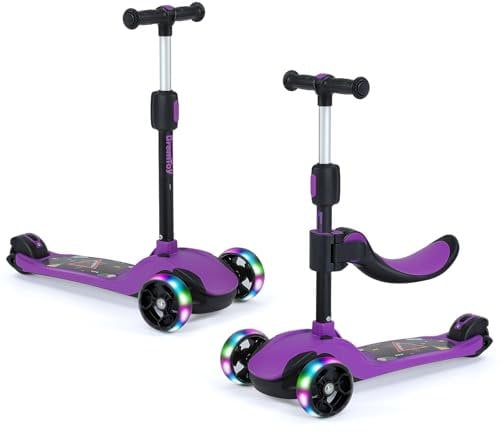 BremToy Roller Kinder mit Abnehmbarer Sitz, Kinder Roller mit Stufenlos Einstellbar, Kinder Scooter mit PU LED-Rädern, Faltbarer Kinderroller für Kinder von 1-12 Jahren (Violett)