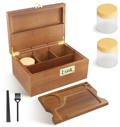 LIFEJXWEN Bambusbox mit Zahlenschloss, Aufbewahrungsset aus Holz, 2 Gläser + Bürsten + Aufbewahrungsrohre Rolltablett-Set, Aufbewahrungsbox aus Holz für Kräuter und Zubehör (Braun)