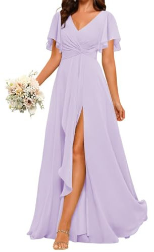 Vestido de dama de honor de princesa con cuello en V, mangas con vuelo, vestidos de graduación, vestido formal de fiesta de noche con abertura, Lila, 36