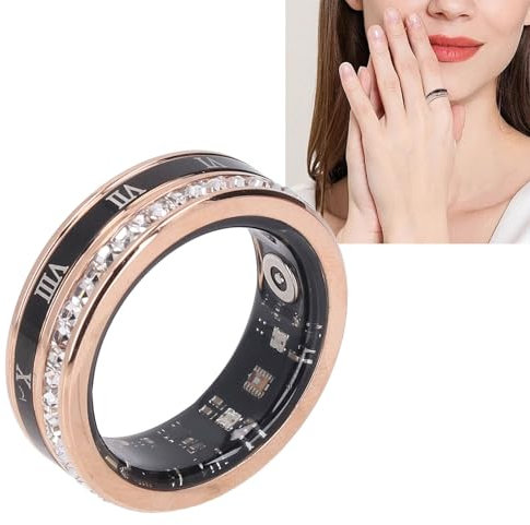 Annadue Intelligente Ringe für Damen und Herren, Drehbarer Fitness Tracker Ring mit Römischen Ziffern, Diamantverzierte Ti Stahl Muschel Gesundheitsringe für Eheringe (Gold) (9)