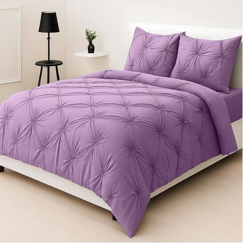 Z&A Homz Z&A Bedding Lilac Pintuck Duvet Covers Double - Soft Brushed Microfiber Quilt Cover With Pillow Cases - Breathable & Washable Comforter - Easy Care Set