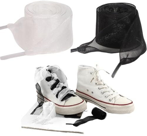 2 Paia di Lacci e Stringhe Sportivi Piatti, Lacci per Scarpe, in Morbido Raso di Seta, Filato da Neve, Alla Moda, Piatti, Larghi, per Donne e Ragazze (Bianco e Nero)
