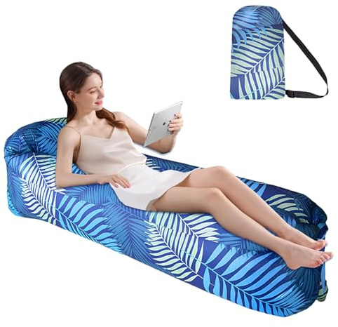 FainFun Inflatable Beach Sofa, 230 * 70cm Couch Sofa Aufblasbar Outdoor Camping, Luftsofa, Mit Seitennetz，Kopfkissen (Polyester 210T, Dunkelblaue Federn)
